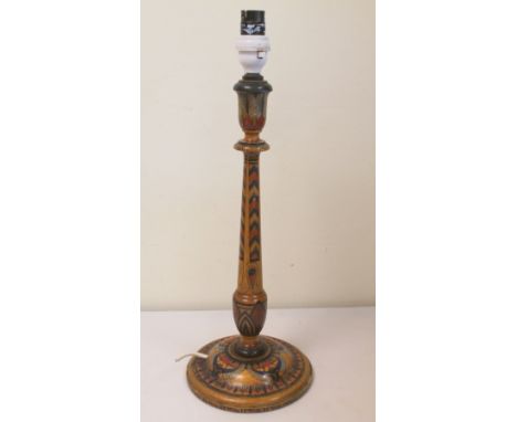 1920's hand painted wooden table lamp in the Egyptian style decorated with Scarab beetles, Cobras, chevron panels and foliate