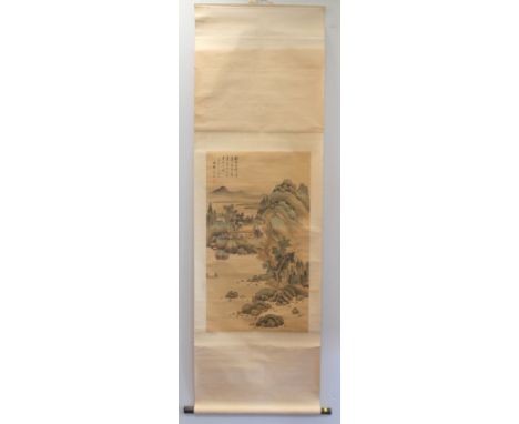 19th century Chinese watercolour scroll painting depicting a figure in a pavilion in a mountainous landscape. Inscribed with 