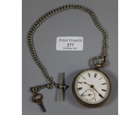 19th century silver key wind open faced lever pocket watch with Roman face having seconds dial together with a curb link chai