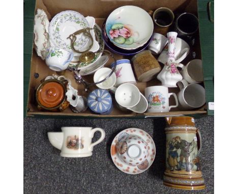 Tray of assorted china to include: German Mettlach beer stein, Japanese chrysanthemum design rice bowl and stand, Wedgwood Ja