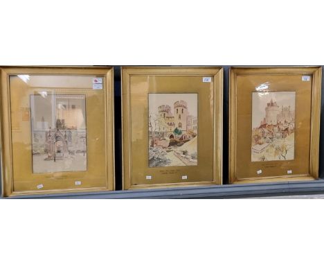 Leonard Howard, 'Norman Gate, Windsor Castle', 'Market Place, Cambridge' and 'Curfew, Windsor'.  Watercolours.  Framed and gl