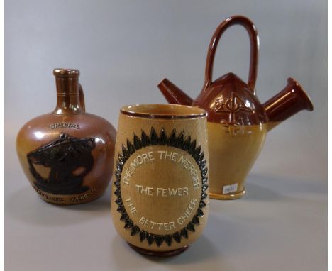 Doulton Lambeth stoneware Special Highland whisky flask, together with a Doulton Slaters patent stoneware mug or tankard with