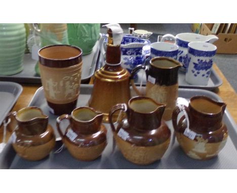 Tray of stoneware to include: Royal Doulton Bell's Scotch whisky decanter, a flagon with raised Egyptian design, various smal