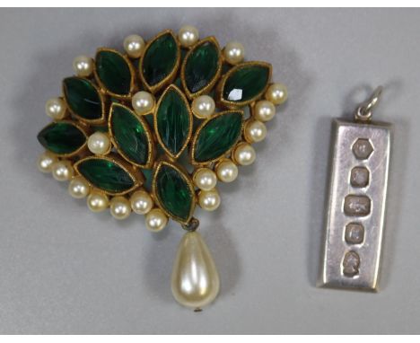 Silver hallmarked ingot and a pearl and stone set flower head design pin brooch. (B.P. 21% + VAT)