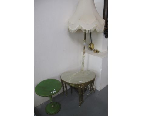 Collection of mid century onyx and brass furnishing items, to include: pedestal wine table of circular form, a standard lamp 