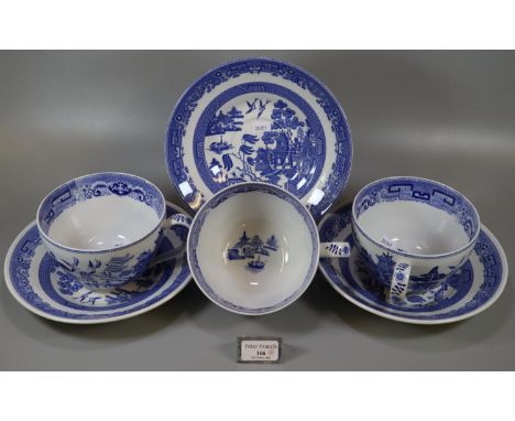 Three The Spode Blue Room Collection 'Willow' blue and white transfer printed breakfast cups and saucers. (3)(B.P. 21% + VAT)