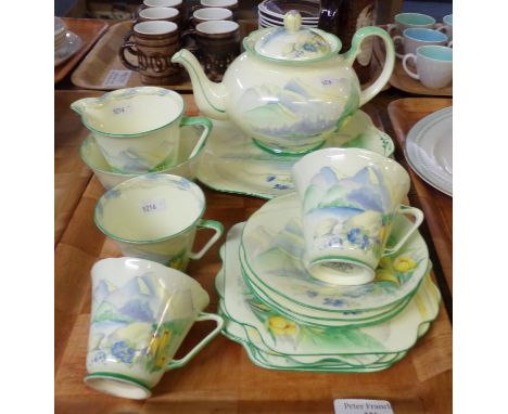 17 piece Alfred B Pearce & Co cream and green mountain landscape and floral design teaset including teapot. (B.P. 21% + VAT) 