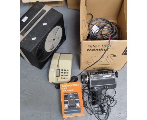 'Klebepresse AF 8S Automatic' in original box, a vintage telephone 'Bell &amp; Howell', 'Filmosonik' camera etc.  (B.P. 21% +