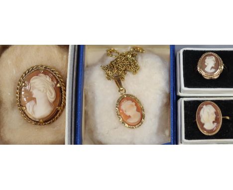 Two 9ct gold shell cameo rings, ring size O and M.  Approx weight 5.3 grams.  Together with a cameo pendant and brooch.(B.P. 