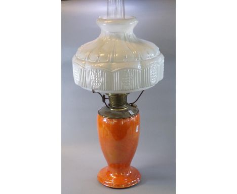 Early 20th Century oil burner lamp having white opaline glass shade above an orange porcelain base. (B.P. 21% + VAT) 