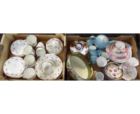 Two boxes of china to include: rose design Bristol English china teaware, Coalport 'Titania' miniature trio, Royal Doulton 'R