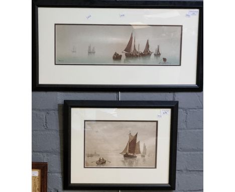 After Garman Morris Morning, a study of fishing smacks, coloured print.  16x150cm approx.  together with another similar stud