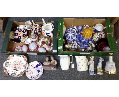 Two boxes of china to include: Gaudy Welsh teapot, small jug and plates, Sudlows Imari design teapot and stand, Royal Crown D