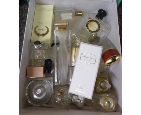 Box of assorted perfume bottles (empty), vintage and modern to include: 'violet oil for the hair' Buisson Freres, London, Chr