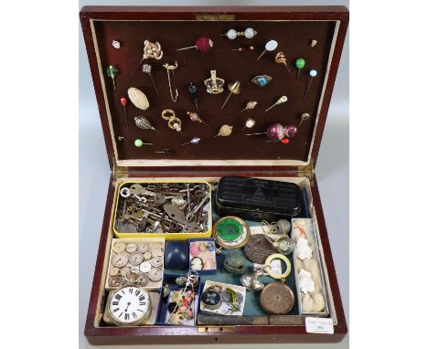 19th century mahogany box, the interior revealing a collection of Victorian and other hatpins., two large pocket watches, one