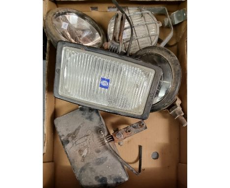 Box comprising vintage Lucas and Hella car lights.  (B.P. 21% + VAT) 