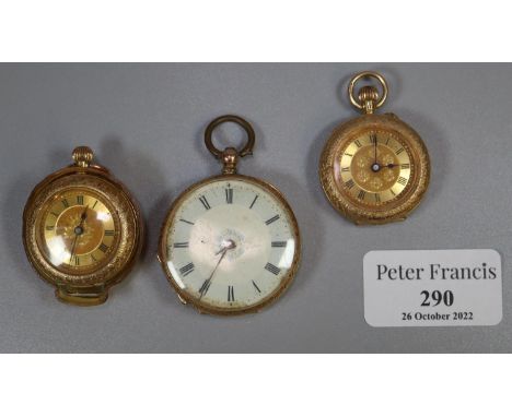 Small 18ct gold outer cased engine turned fancy key less fob watch, another similar with 18ct gold outer case and another 18c