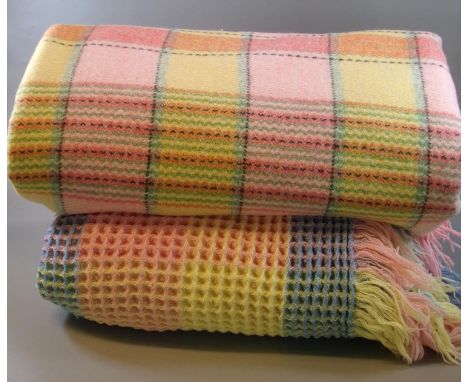 Two vintage woollen check multi-colour blankets, both fringed, one honeycomb with 'Derw Product, Made in Wales' label. (2) (B