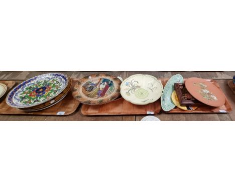 Three trays of ceramics, to include: Art Deco circular floral wall plaque, Majolica floral framed tile, terracotta floral wal