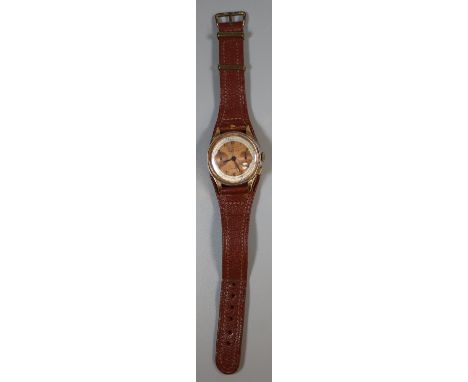 Vintage Swiss made gold plated gent's chronographe wristwatch, unnamed, on leather strap. (B.P. 21% + VAT) Significantly worn