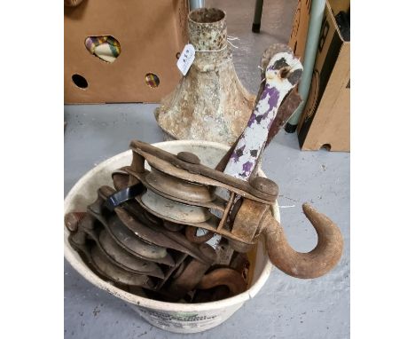 Vintage cast metal hopper, together with a box comprising vintage pullies, hooks etc.  (B.P. 21% + VAT) 