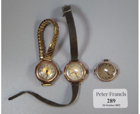 Three vintage gold ladies wristwatches, various. (3) (B.P. 21% + VAT) All three watches are in 9ct gold vases.  They are not 