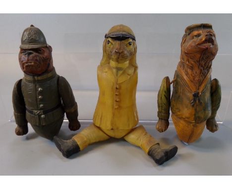 Three unusual vintage celluloid animals to include: bear, hare and bulldog dressed as a police officer, with detachable limbs