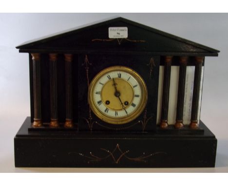 Late 19th/early 20th century black slate architectural mantle clock with brass pillars and Roman chapter ring.  32cm high app