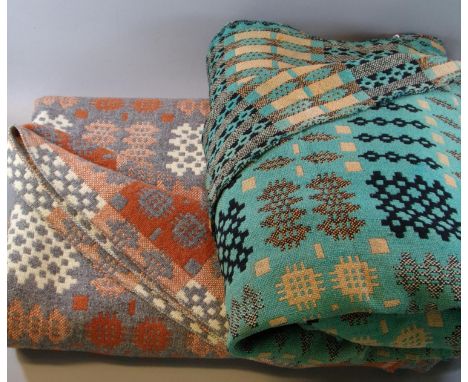 Two vintage woollen Welsh tapestry Caernarfon design blankets; one on blue ground and one grey. (2) (B.P. 21% + VAT) Grey bla