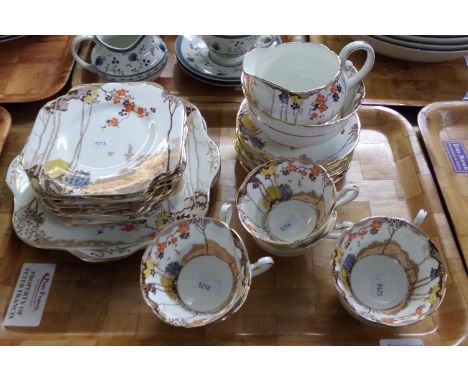 Tray of Grafton china B.A.J & Sons 'Arcadia' design teaware to include: teacups and saucers, milk jug, sucrier, various plate