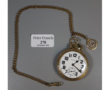 Hamilton keyless lever gold plated open faced pocket watch with Arabic face having seconds dial on gilt metal chain with yell