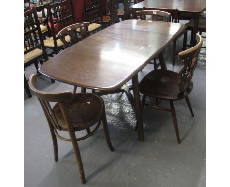 Ercol elm dining/kitchen table with 'X' frame support, together with three matching Ercol kitchen chairs and a bentwood chair