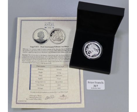 An Angel 2021 Dual Anniversary Edition 1oz silver proof coin in original box and packaging with COA.  (B.P. 21% + VAT) 