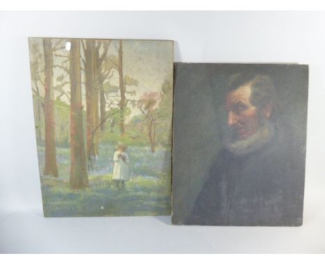 Two Mounted But Unframed Oils, Portrait and Impressionist Style Girl Picking Flowers in Wood, Each 82cm High  