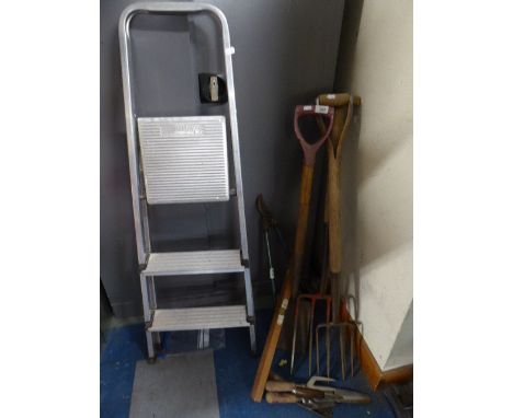 A Collection of Garden Tools and a Step Ladder