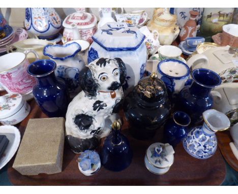 A Tray of Ceramics to Include Blue and White Biscuit Barrel, Vases, Shaving Mug, Staffordshire Spaniel, Trinket Boxes Etc