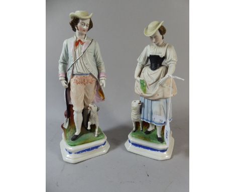 A Pair of Continental Cold Painted Ceramic Figures Farmer and His Wife, 28cm High
