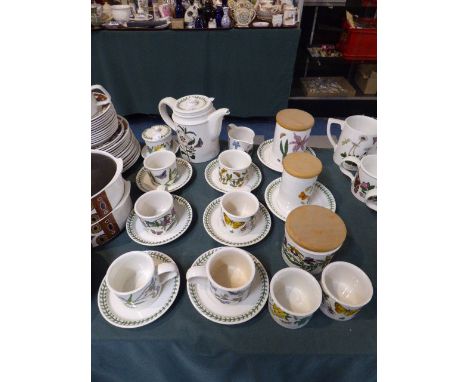 A Collection of Portmeirion Botanic Garden Coffee Wares to Include Six Cans and Saucers, Coffee Pot, Sugar Bowl, Storage Jars