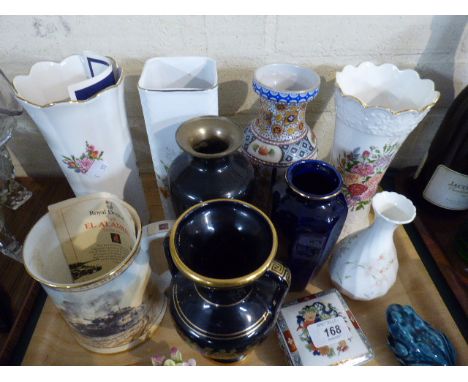 A Tray Containing Various Ceramic Vases, Royal Doulton El Alamein Limited Edition Tankard, Aynsley Rose Garden Vase Etc 