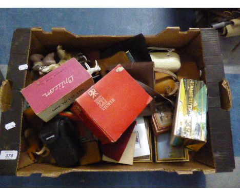 A Box of Sundries to Include Slide Viewers, Animal Ornaments, Camera Etc