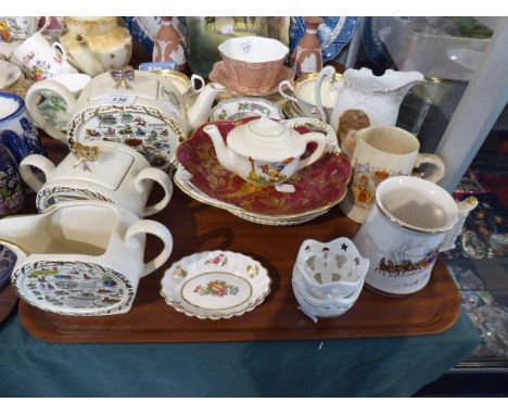 A Tray Containing Sadler Devon Tea Service, 'Ride a Cock Horse' Dolls Teapot, Commemorative Jugs, Spode, Coalport Etc