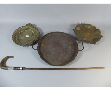 An Art Nouveau Two Handled Copper Tray, Two Brass Trays and a White Metal Mounted Umbrella Pole 