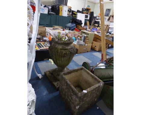 A Reconstituted Stone Garden Vase and Square Planter 