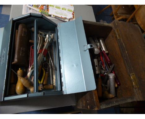 A Metal Tool Box Containing Spanners, Screwdrivers Etc and a Wooden Tool Box Containing Tools 