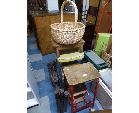 Two Vintage Step Stools, Wooden Stool and Wicker Basket Together with Benares Tray Stands 