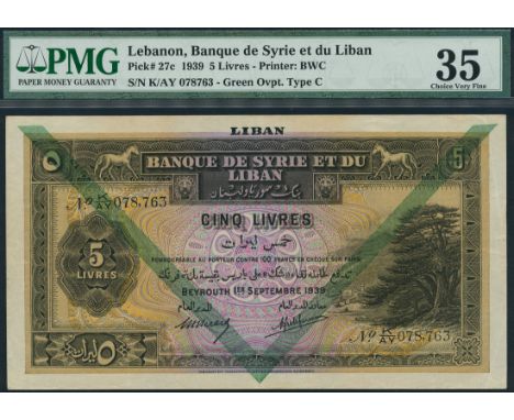 (x) Banque du Syrie et du Liban, Lebanon, 5 livres, 1 September 1939, serial number K/AY 078,763, brown on multicolour underp