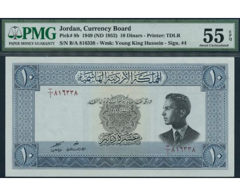 (x) The Hashemite Kingdom of Jordan, 10 dinars, L.1949 (1952), serial number B/A816338, blue print, King Hussein at right, va
