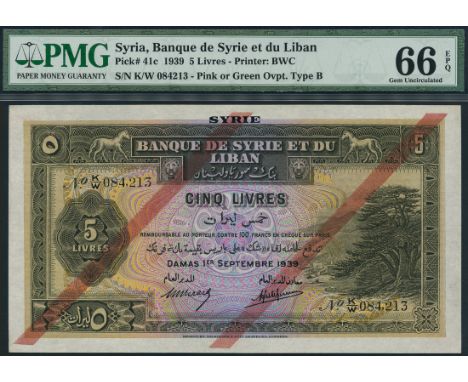 (x) Banque de Syrie et du Liban, Syria, 5 livres, 1 September 1939, serial number K/W 084,213, brown on multicolour underprin