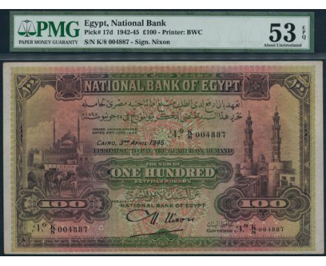 (x) National Bank of Egypt, £100, 3 April 1945, serial number K/8 004887, green and purple on multicolour underprint, Citadel