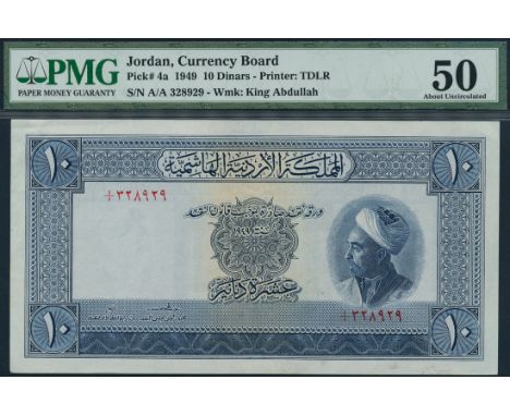 (x) The Hashemite Kingdom of the Jordan, 10 dinars, L.1949 (1950), serial number A/A328929 blue print, King Abdullah at right